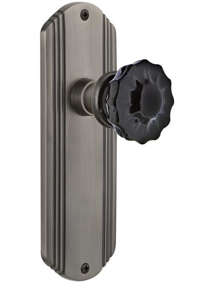 Streamline Deco Door Set with Colored Fluted Crystal Glass Knobs Black in Antique Pewter.